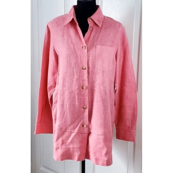 HARVE BENARD Womens Sz 10 Pink Linen Button Down Tunic Career Wear Shirt Top - Picture 1 of 6
